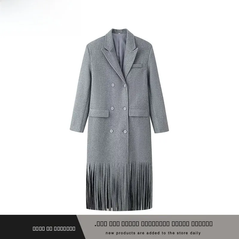 

Faionable Long Woolen Coat New Autumn Winter Women's Wear Double Row Buttons Fringed Hem Commute Sle Korean Version