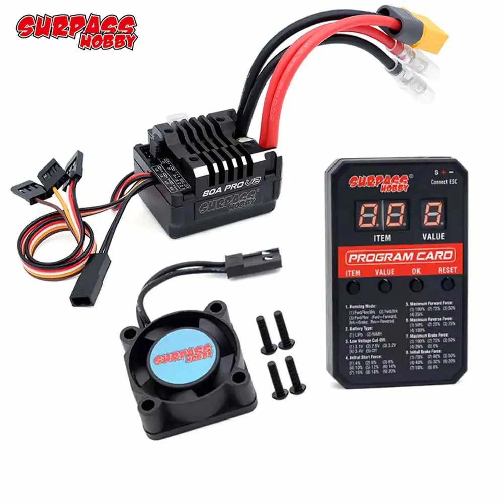SURPASS HOBBY New 80A Pro V2 Brushed ESC Buit-in BEC 6.0V-8.4V Waterproof Fan Programming Card For 1/10 Crawler Brushed Car RC