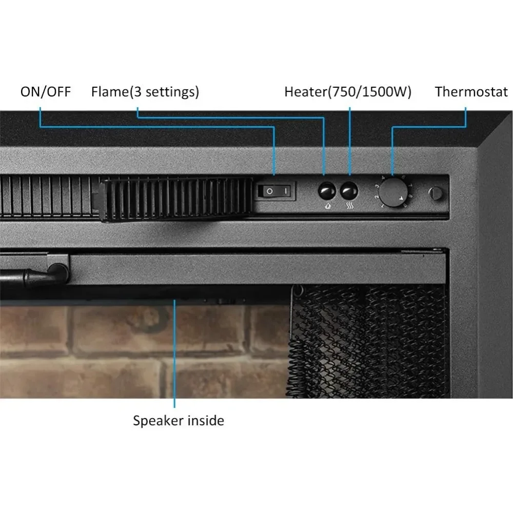 Inserção de Lareira Klaus Electric com Som Incêndio, Porta de Vidro e Tela Mesh, Preto, 33, 16 Polegadas de Largura, 750 W, 1500W