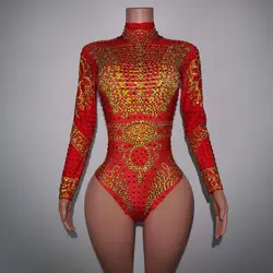 Sexy Skinny Red Rhinestones Bodysuit DJ Bar Singer Catwalk Party Stage Costume Crystals Diamonds Jumpsuit for Women Napolun