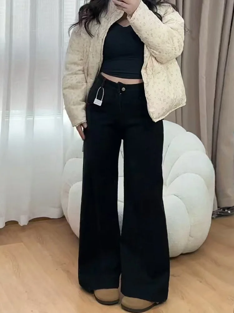 حجم كبير عالية الخصر متوهج الجينز المرأة الخريف الشتاء Fce اصطف فضفاض مستقيم الساق السراويل مريحة لينة سراويل جينز