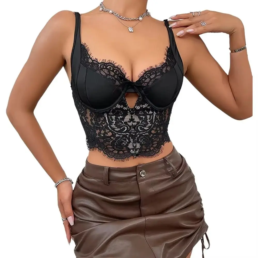 French Style Sexy Lace Trim Hollow out Design Camisole Women's Vest with Eyelash Detail Cross-Border European New Style