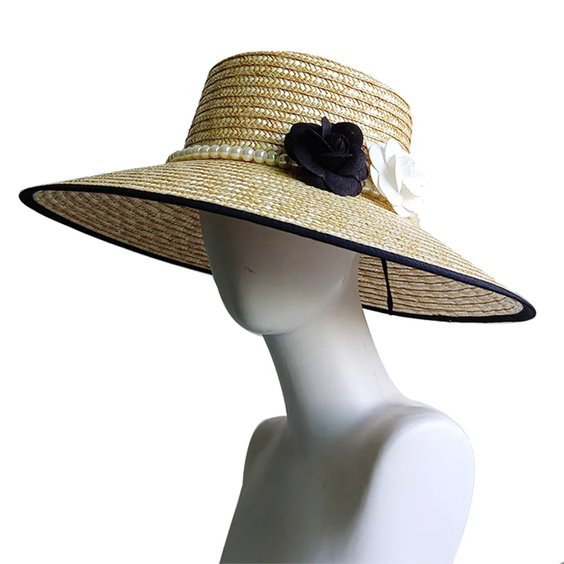 Temperament Straw Hat Pearl Black Edge Women's Summer Beach Hat Vacation Elegant Seaside Travel Sun Hat Headdress Hat Accessorie