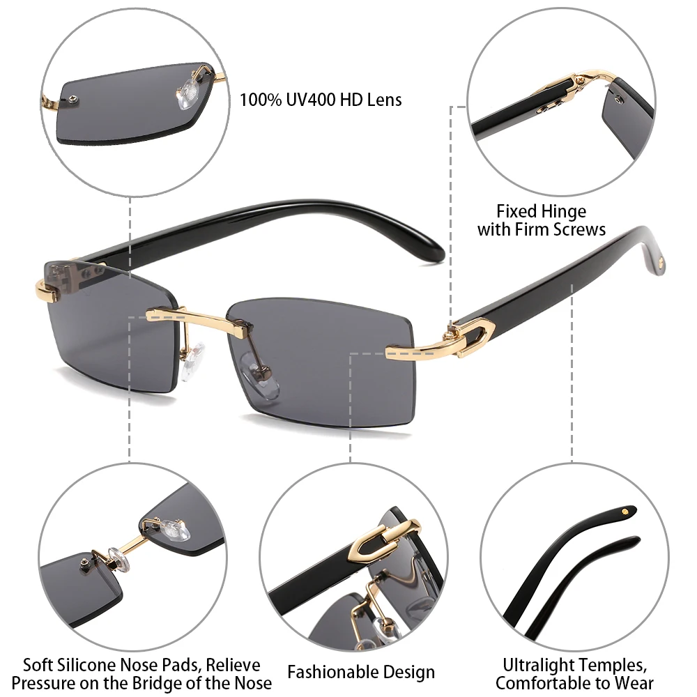 Trendy Rimless retângulo óculos, Gradiente Moda Shades, Punk condução óculos de sol, UV400