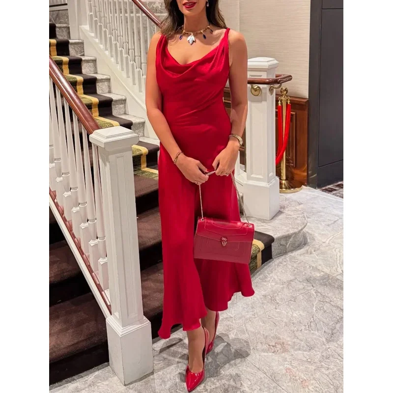 Summer Sexy Red Satin Pleated Maxi Dress Sleeveless Chic Women's Party Beach Dress High Street Style New Commuter Fashion