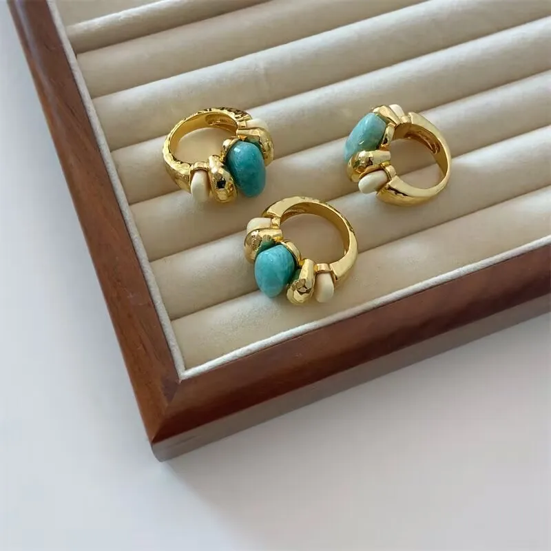French Designer 18k Gold Filled Natural Amazonite Chunky Ring White Stone Open Cuff Bangle Colorfast Statement Fine Jewelry Set