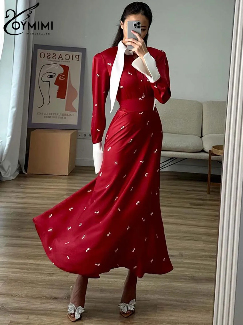 Oymimi Fashion Red Print Womens Dresses Elegant Long Sleeve Button Patchwork Dresses Casual High Waisted Mid-Calf Dress Female