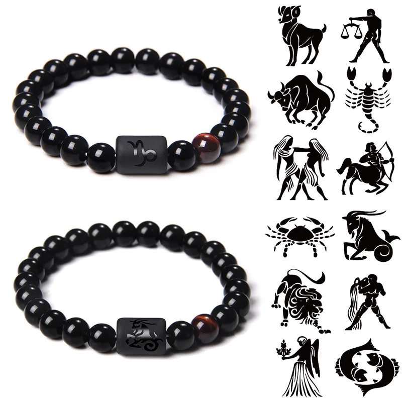 

12 Zodiac Signs Constellation Couples Bracelet Natural Stone Black Beads Charm Bracelet for Women Men Birthday Jewelry Gift