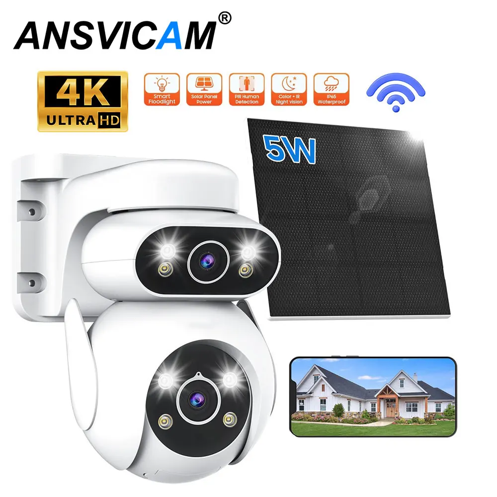 4K Solar WiFi Camera Outdoor 8MP Dual Lens Dual Screen 360° PTZ Camera Wireless Low Power Battery Security Cam PIR Auto Tracking