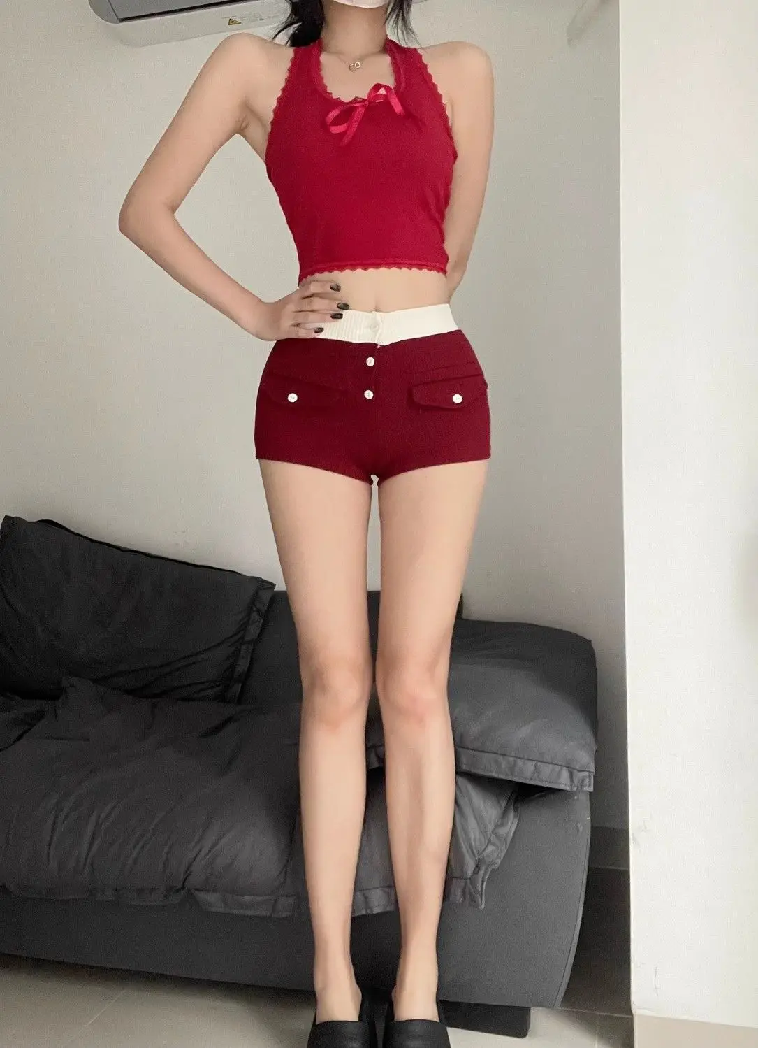 Sweet Sexy Hot Girls Waist Splicing Contrasting Color Low Waist Elastic Tight Shorts For Women Summer Sexy Long Legs Hot Pants