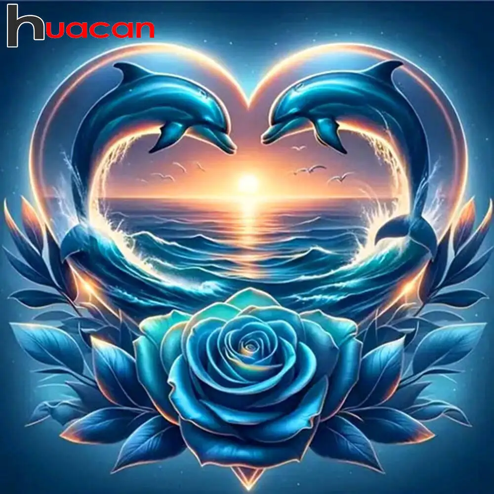Huacan Vollquadrat Rundes Diamantgemälde Delphin Rose Diamant Mosaik Tier Blumenkunst Dekorative Gemälde