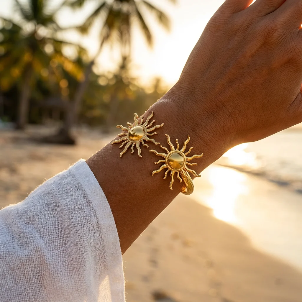Light Luxury Stainless Steel Sunflower Open Bangle for Women Delicate Stackable Seaside Vacation Party Jewelry Accessories