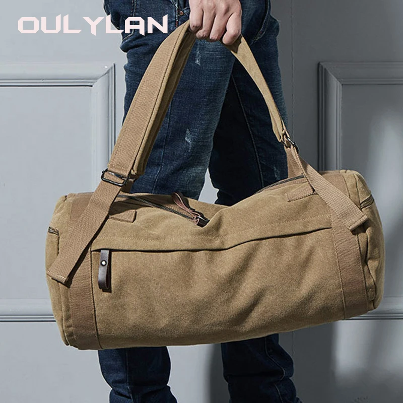 OULYLAN Fashion Canvas Backpack Men Women Large Capacity Luggage Bag Unisex Round Bucket Bag Outdoor Sports Travel Fitness Bag