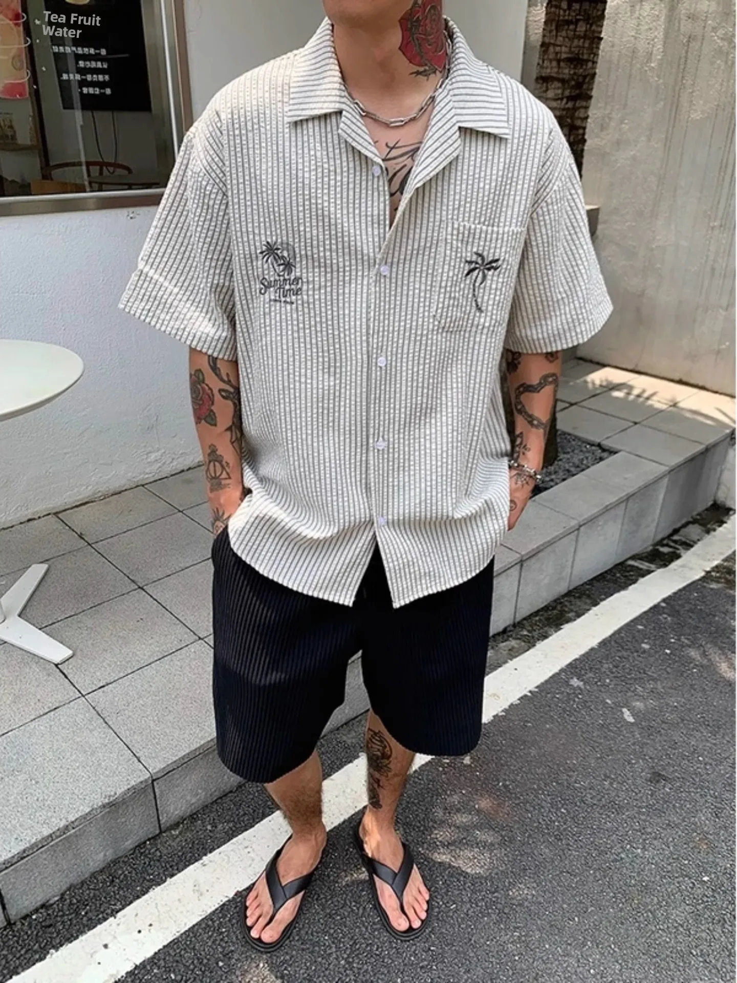 Hawaii Style Short Sleeve Embroidered Shirt Loose Fit Beachwear for Men And Women Summer Casual Clothing Coconut Tree Design