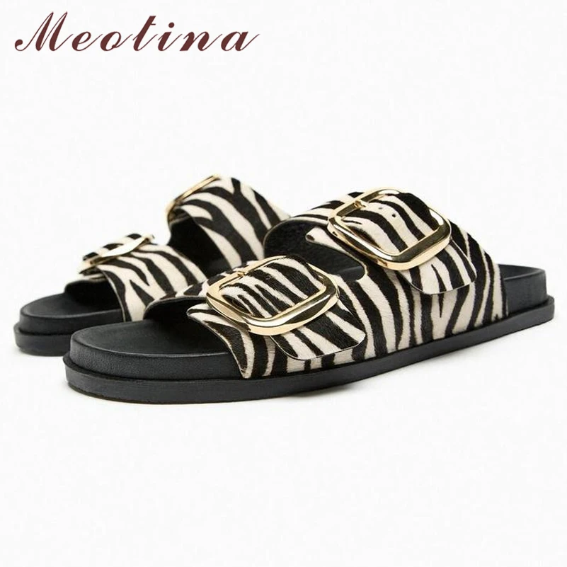 Meotina ZA INS Women Genuine Leather Sandals Platform Flat Slides Buckle Ladies Striped Design Casual Slippers Summer Shoes 40