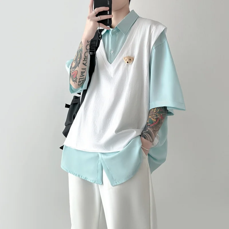 

Korean Style Men's Short Sleeve Shirt Bear Lazy Style Design Summer T-Shirt Casual Loose Fit Single Button Front Pure Color