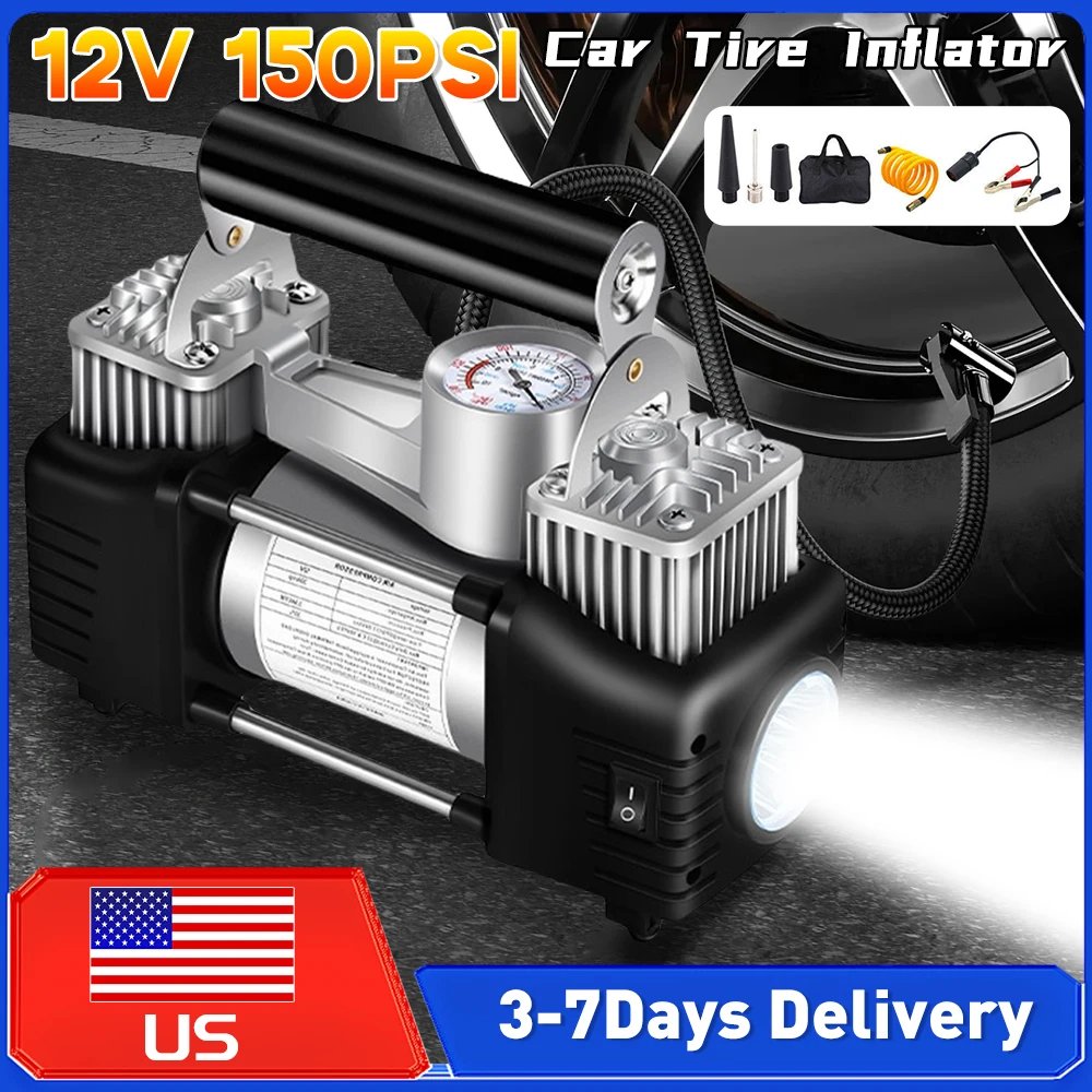 

Двухцилиндровый воздушный компрессор 12В, 150PSI, сверхмощный портативный насос для накачки шин, электрический насос для автомобилей и грузовиков, для использования в автомобильной сфере ﻿