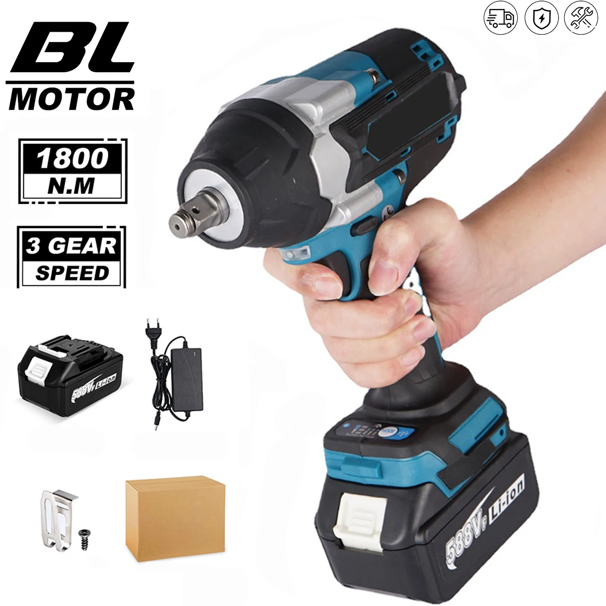 Chiave a percussione elettrica a batteria senza spazzole da 1/2 pollici 1800NM Chiave compatibile con utensili elettrici con set di cassette degli attrezzi per batteria Makita 18V