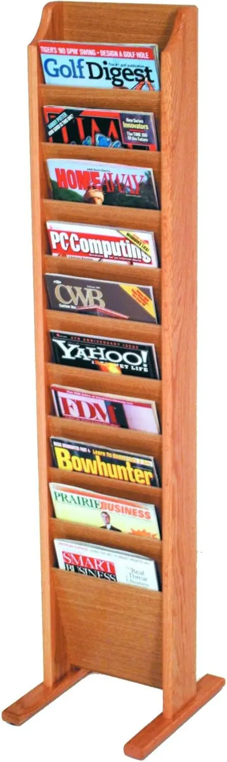 10-Pocket Cascade Free-Standing Magazine Rack, Light Oak