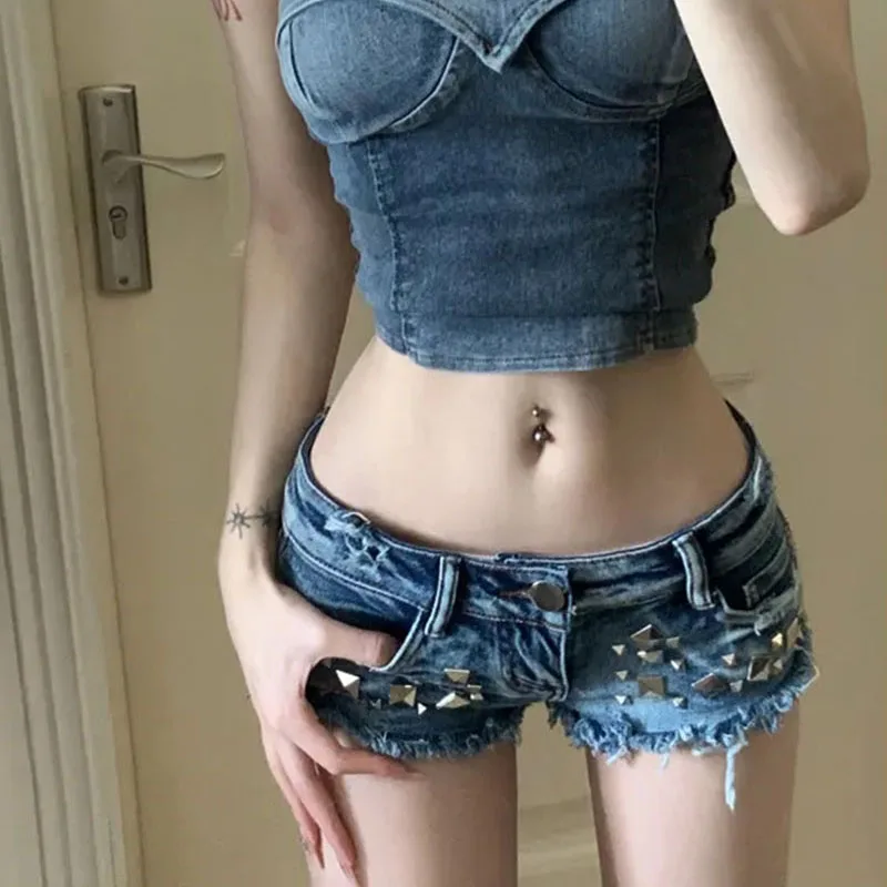 Sexy Mini Dames Denim Shorts Amerikaanse Retro Y2K Klinknagel Versieren Skinny Korte Jeans Vrouwelijke Koreaanse Lage Taille Streetwear Shorts