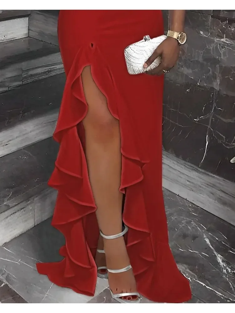 Autumn Elegant Maxi Dresses for Women Rhinestone Design Ruffle Hem Slit Party Dress Sexy vestidos de mujer 2025 Female Robe