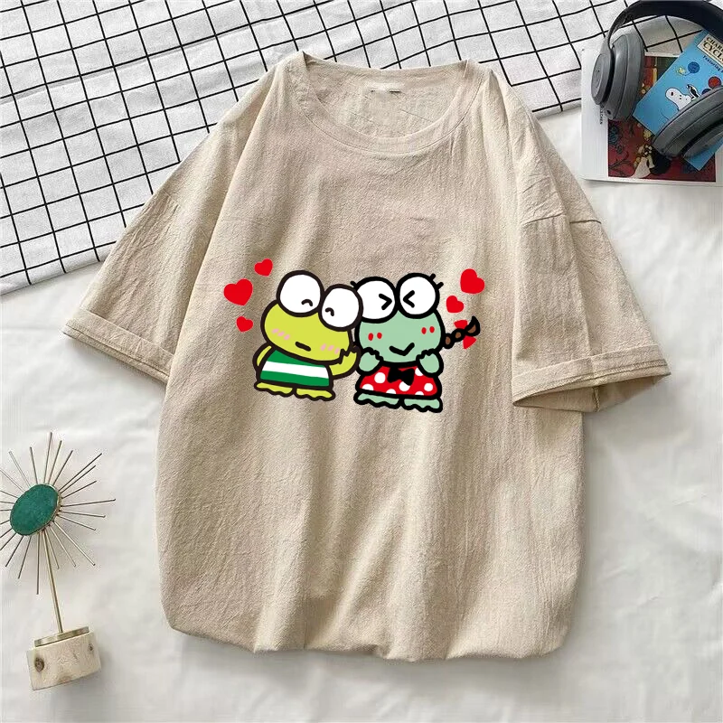 Cute Kerokero Keroppi Washed Cotton T Shirt Streetwear Short Sleeve Tshirts Men Women Summer Clothing T-shirt Tees Tops