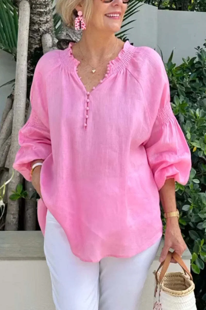 

Women Simple Style Cotton Linen Long Sleeved Shirts Spring Pleated V Neck Pullover Blouse Female Comfortable Casual Commuter Top