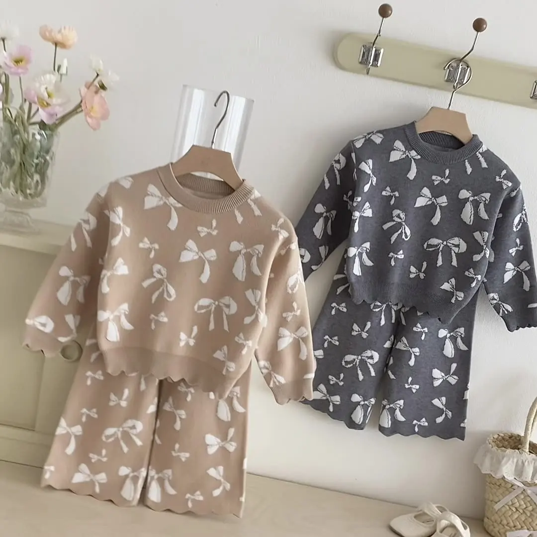 أطفال بنات الحياكة سترة مجموعات التباين اللون الانحناء نمط لينة الحياكة القمم مرونة الخصر مستقيم بنطال ذو قصة أرجل واسعة 2 قطعة دعوى