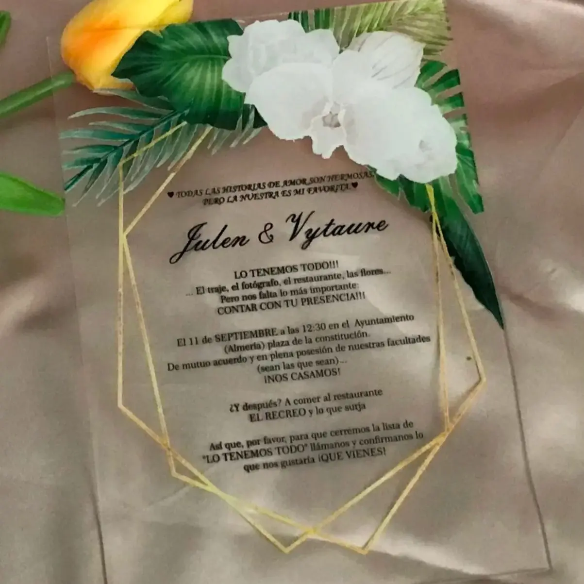 Custom Acrylic Plexiglass Invitations, White Rose,Palm Tree Wedding Invitations,Acrylic Menu, Transparent, 10Pcs