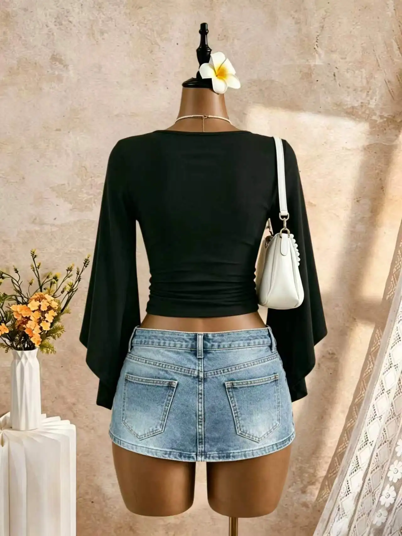 Women Deep V Neck Surplice Wrap Bell Flare Long Sleeve Empire Waist Fitted Crop Top Ruched Bust Side Shirred Slim Fit Casual Blo