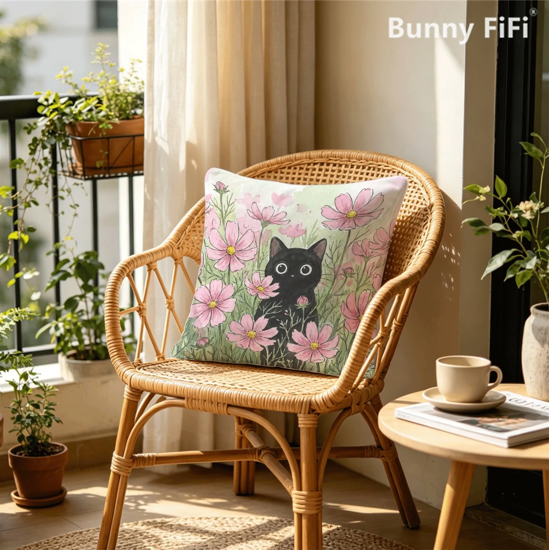 Velvet Throw Pillow Cover Cute Black Cat Floral Art Print Cushion Case 45x45cm Sakura Waterlily Home Sofa Decor Pillow Cover