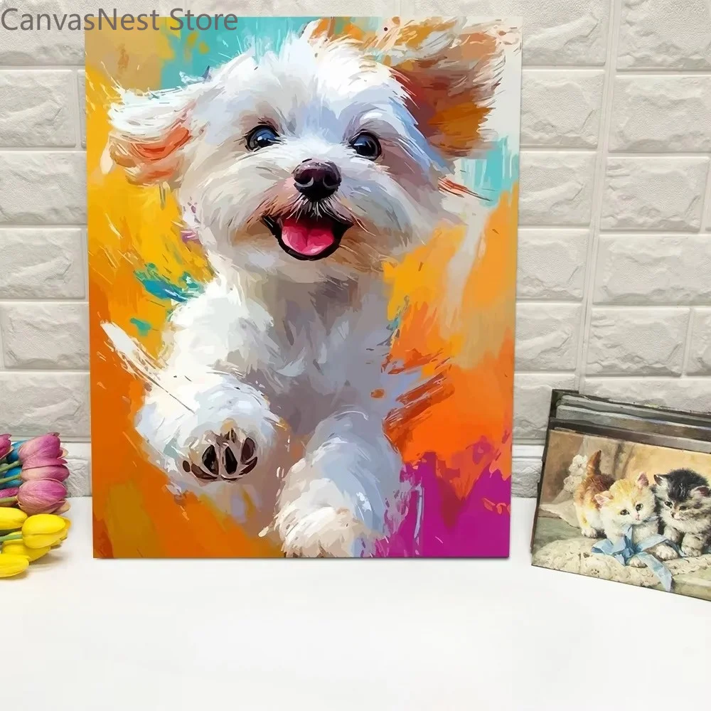 Cute Maltese Dog Canvas Wall Art Set Colorful Splash Background Pet Oil Painting Print for Teen Bedroom Dorm Home Decor