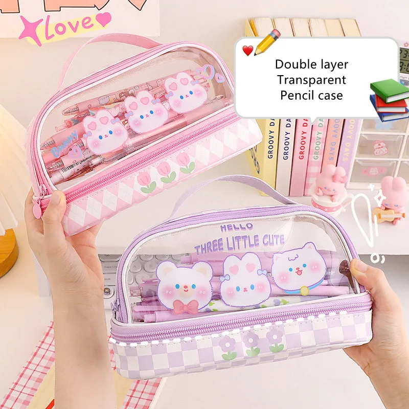 estojo para lapis kawaii para meninas camada dupla bolsas lapis grandes portatil bonito dos desenhos animados estudantes pen pouch organizador estacionario 01