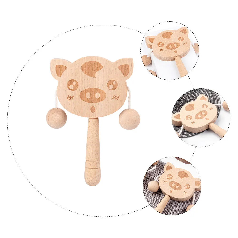 1pc Pig Shaped Wooden Rattle Baby Hand Rattle Music Instrument Early Education For Toddlers Shaking Drum Kids Plaything