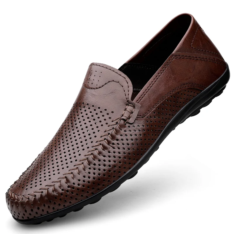 Summer Hollow Out Slip-on Leather Driving Loafers for Men Soft Soles Lightweight Walking Moccasin Shoes big size 48 49
