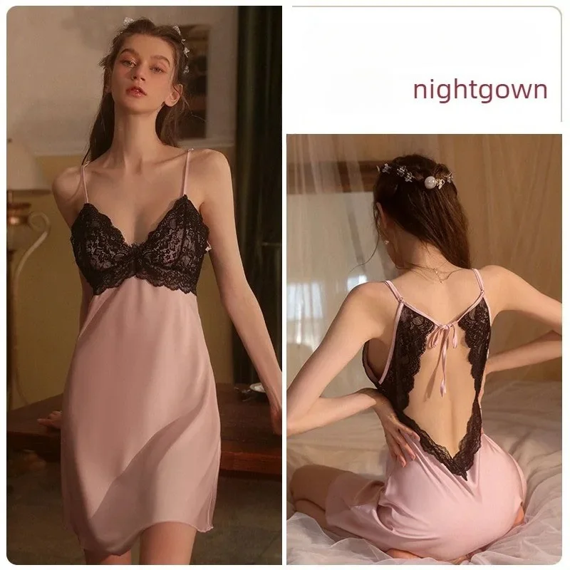 Sexy French Lace Satin Nightgown Plus Size Camisole Open Back Tie Sleepwear with Built in Pads Smooth Silk  Homewear