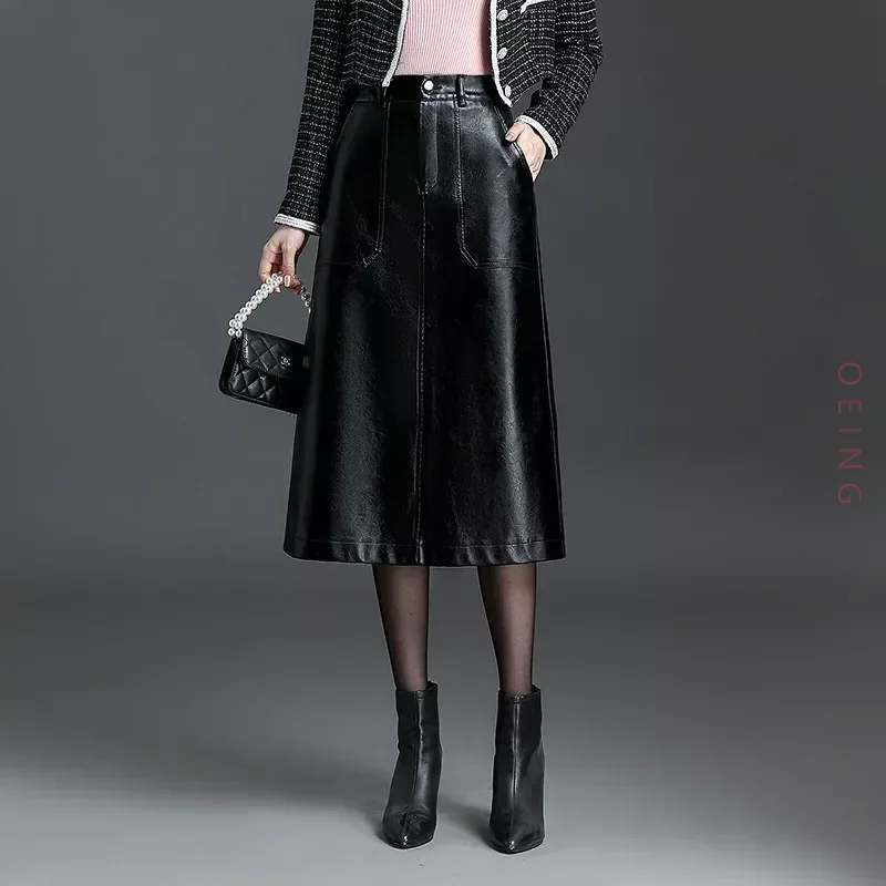 

Women Chic A-line PU Leather Skirt Autumn Winter Office Lady Elegant High Waist Slim Fit Casual Mid-long Black Skirts M-4XL 6858