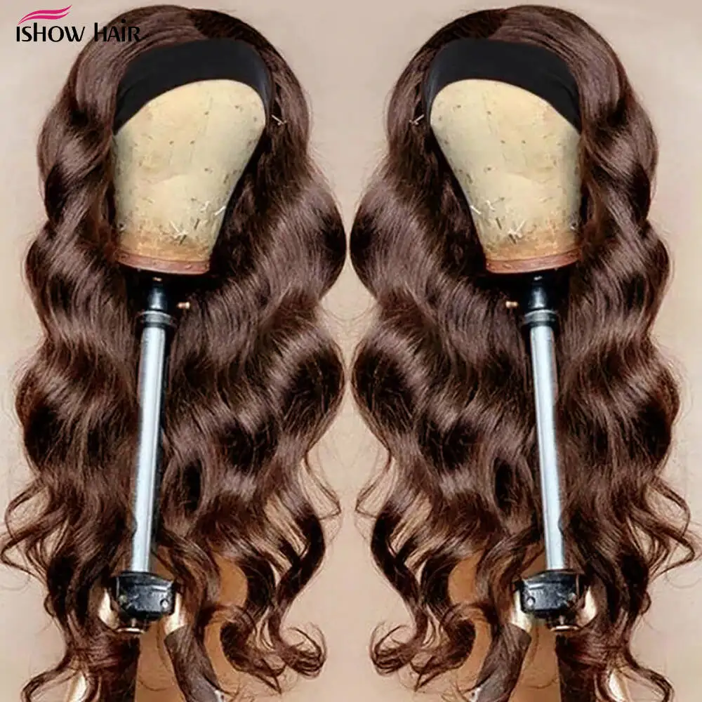 Ishow # 4 براون عقال خصلات الشعر المستعار الإنسان آلة كاملة صنع الباروكات الجسم موجة البرازيلي ريمي 100% وشاح من الشعر البشري شعر مستعار للنساء #3
