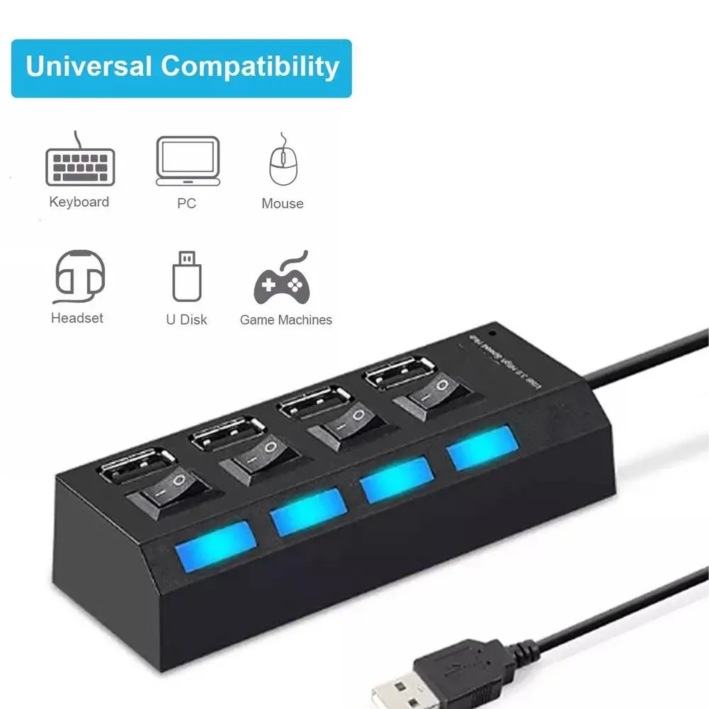 1pcs Hub With Multiple Usb Ports Usb Hub 2.0 Adapter 4ports Multiple Expander With Led Lamp Switch For Pc Laptop N7d2