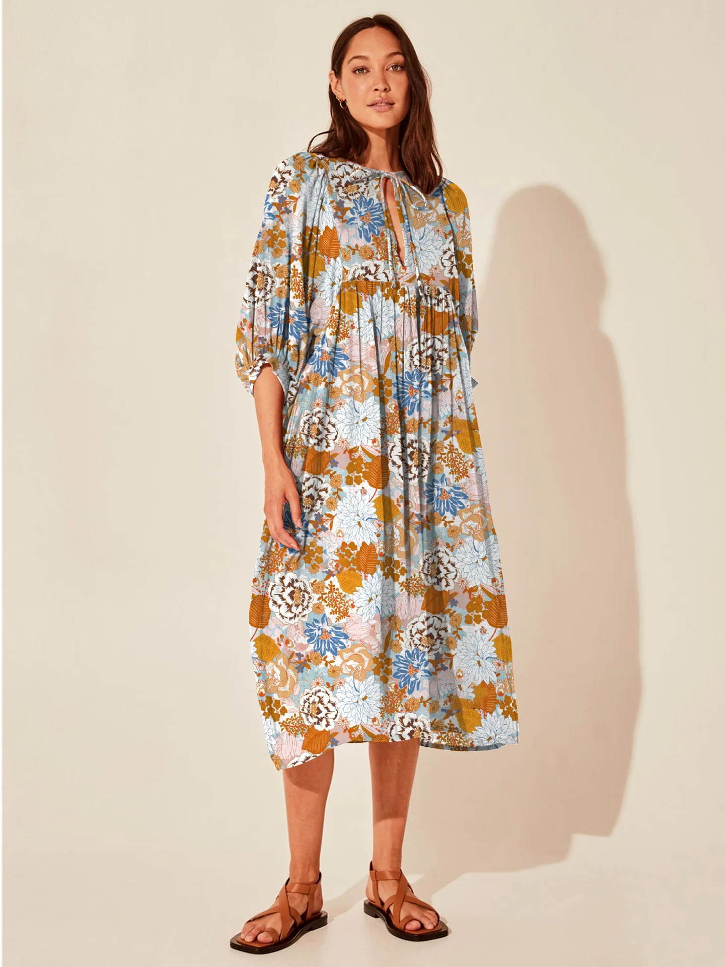

2025 New Floral Fashion Women's Loose Casual Mid-sleeve Summer Ram Vacation Dress
