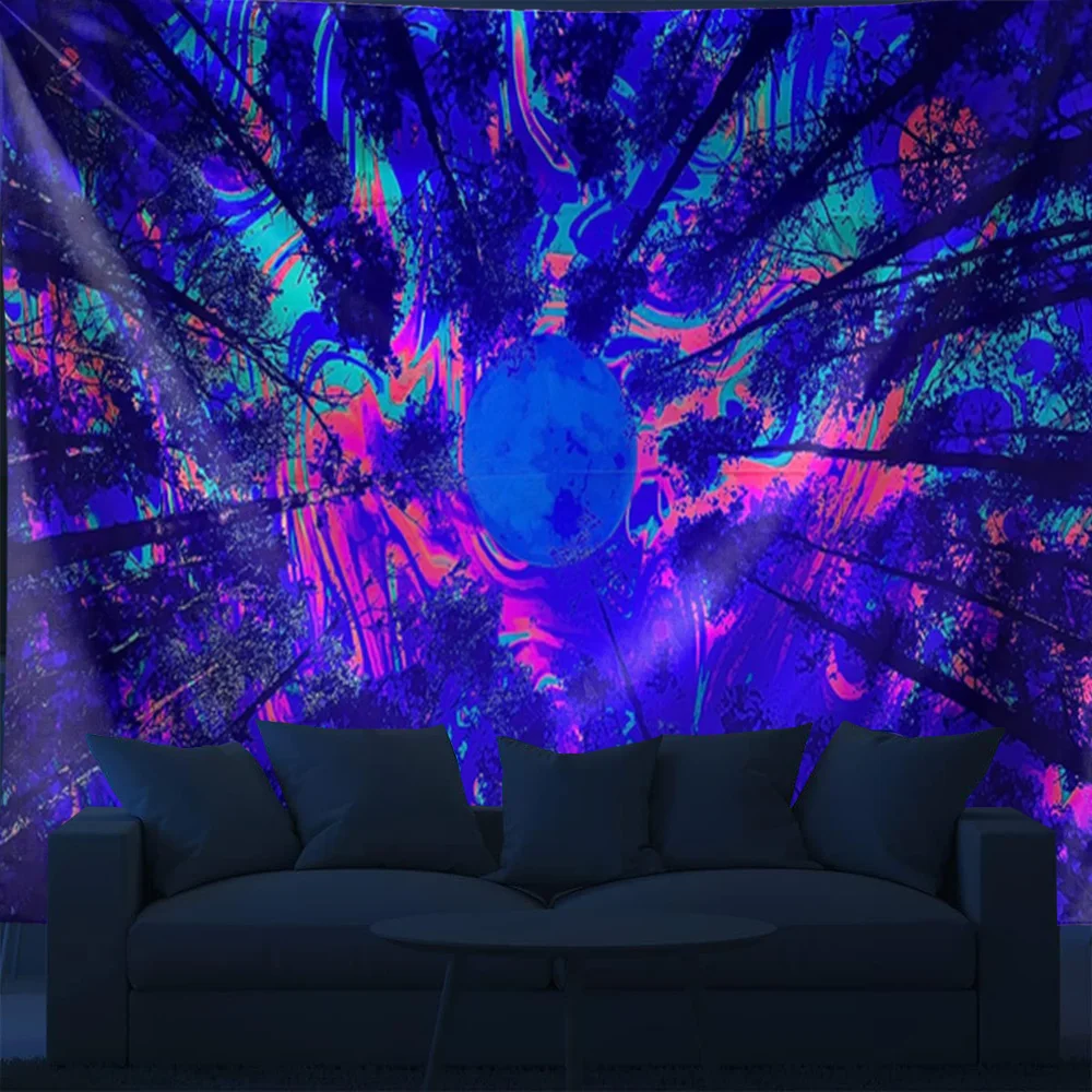 Black Light Forest Moon Tapestry Wall Hanging Psychedelic UV Reactive Colorful Sky Tree Grove Wall Tapestry Dorm Room Home Decor