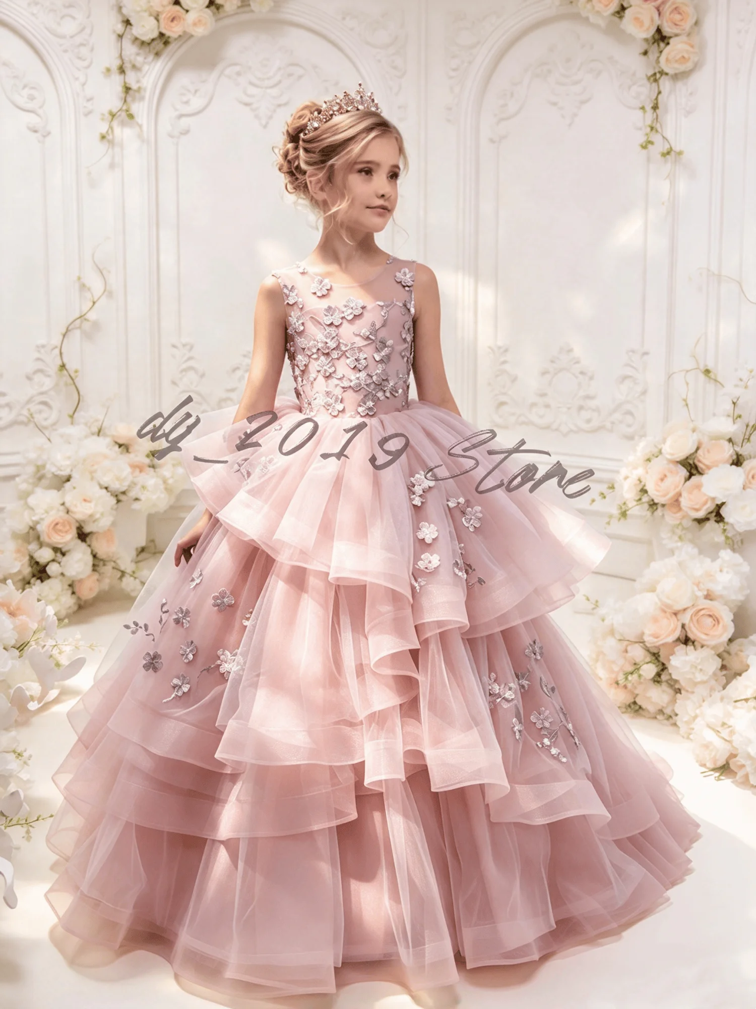 Elegant Tiered Tulle Flower Girl Gown Sleeveless 3D Floral Appliques Princess Ball Gown For Kids Pageant Wedding Birthday