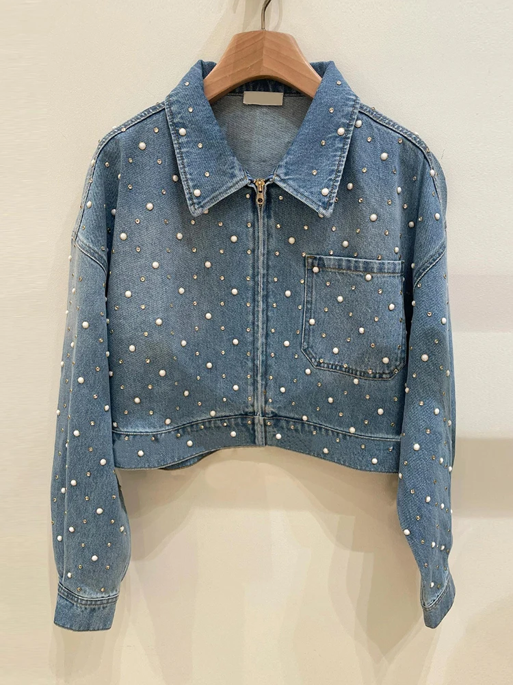 

High-End Women's ort Denim Jaet with Pearl Embelliment And Turn-down Collar by S Home South Oil Spring Design
