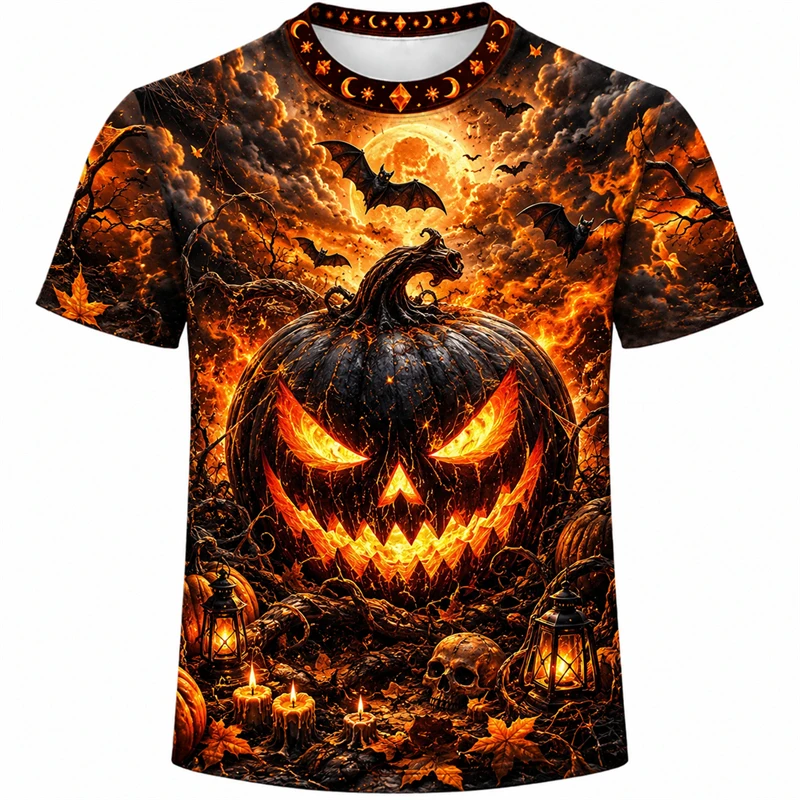 Horror Halloween 3D Printed T‑Shirt Witch Fire Skull Scary Pumpkin Graphic Short Sleeve Crew Neck Unisex Cosplay Party Tees Tops