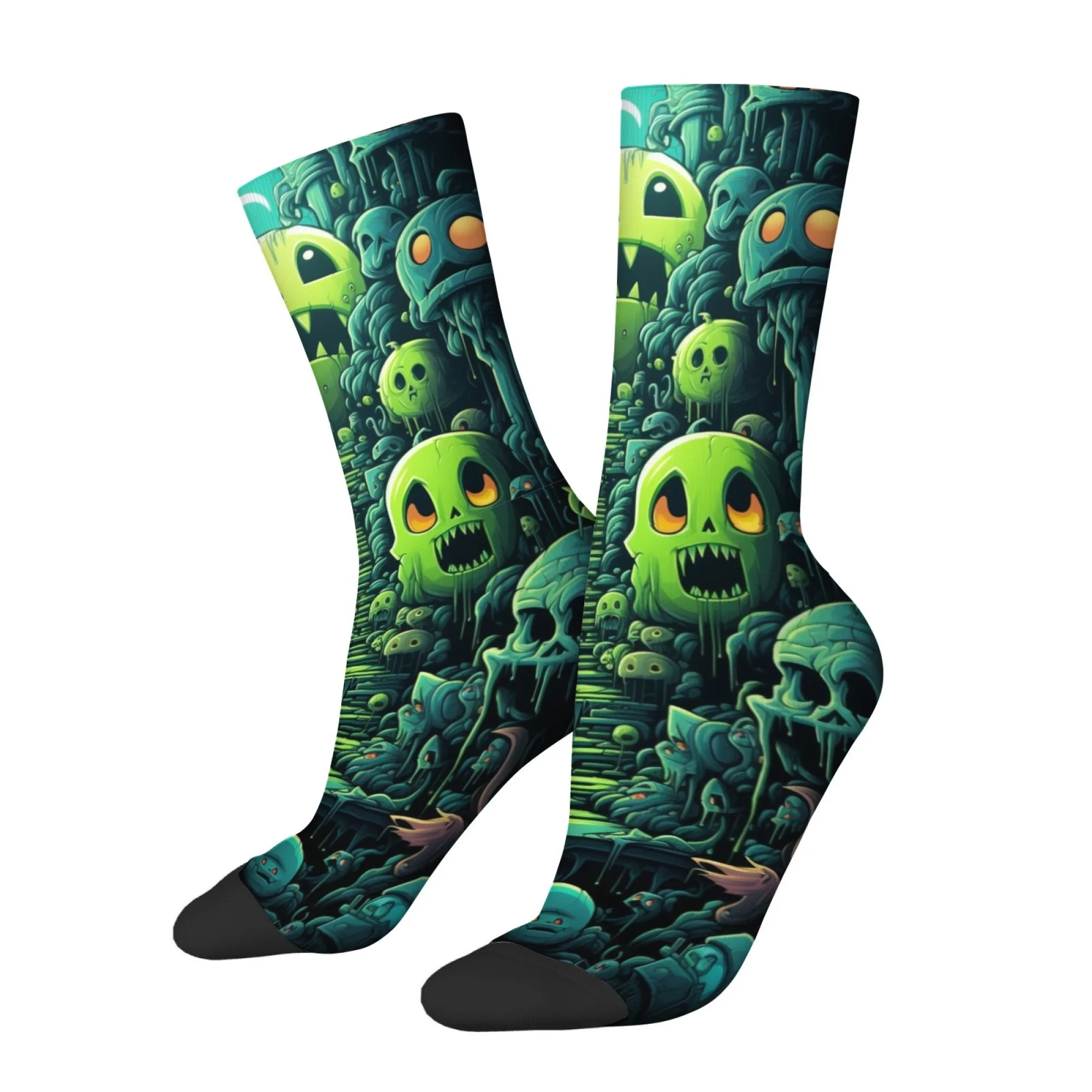 Ghostly Monster Forest bedruckte Socken in mittlerer Wadenlänge, Horror-Socken im dunklen Stil, Outdoor-Street-Fashion, hautfreundliche, weiche Sportsocken