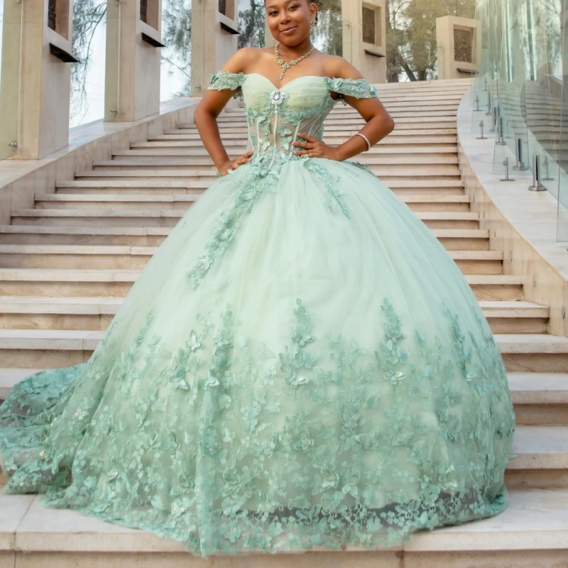 

Green Quinceanera Dresses Off Shoulder Ball Gown Sweet 16 Dress Bow Beading Crystal Tull Birthday Party Vestidos 15 Anos