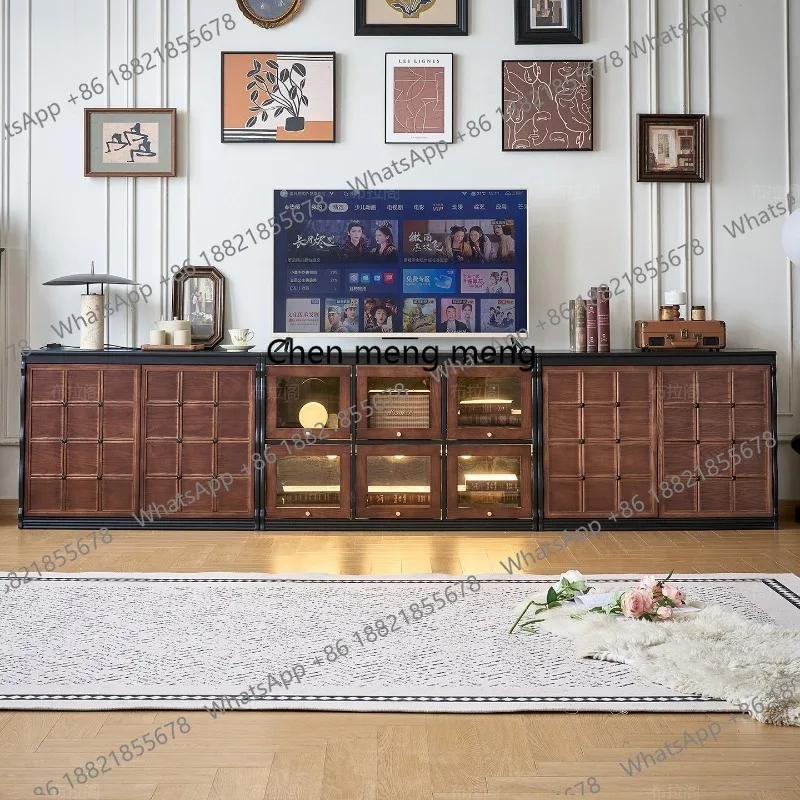 French antique TV cabinet retro solid wood living room small floor display module combination chess cabinet