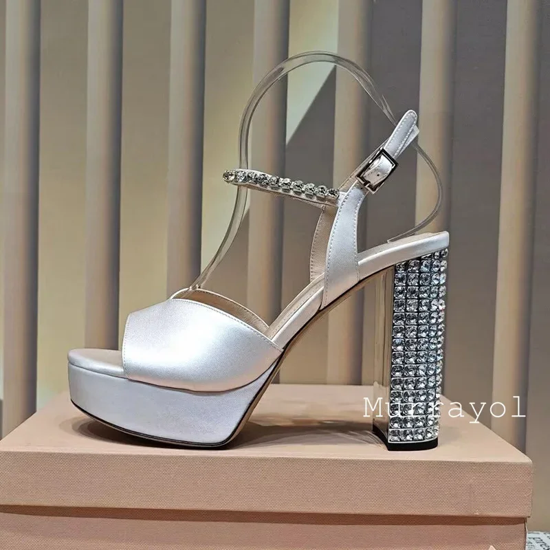 Sandals Silk Satin Platform Sandalias Mujer Women Rhinestone Decor Chunky High Heels Summer Party Dress Shoes Wedding Shoes view 3