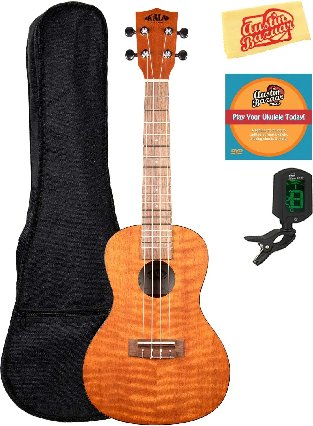 KA-CEM Exotic Mahogany Concert Ukulele Bundle with Gig Bag, Tuner, Austin Bazaar Instructional DVD, and Polishing Cloth