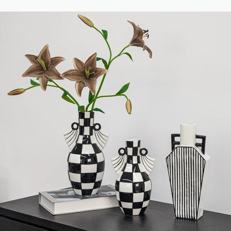 Checkered Pattern Vase Ceramic Plant Pot Table Decoration Flower Arrangement Flowers Vases Room Aesthetic Decor